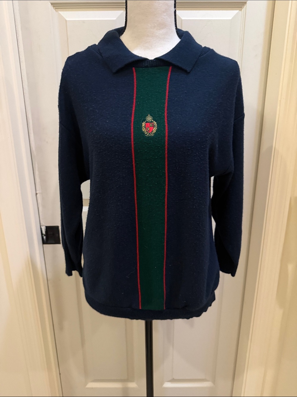 Vintage Navy Crewneck Sweater with Green & Red Center Stripe